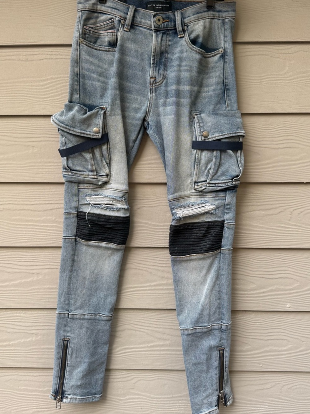 Cult of Individuality 
Light Wash Cargo Biker Jeans with Knee Panels